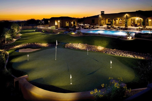 Southwest Greens Pittsburgh artificial golf green with sand trap at luxury home